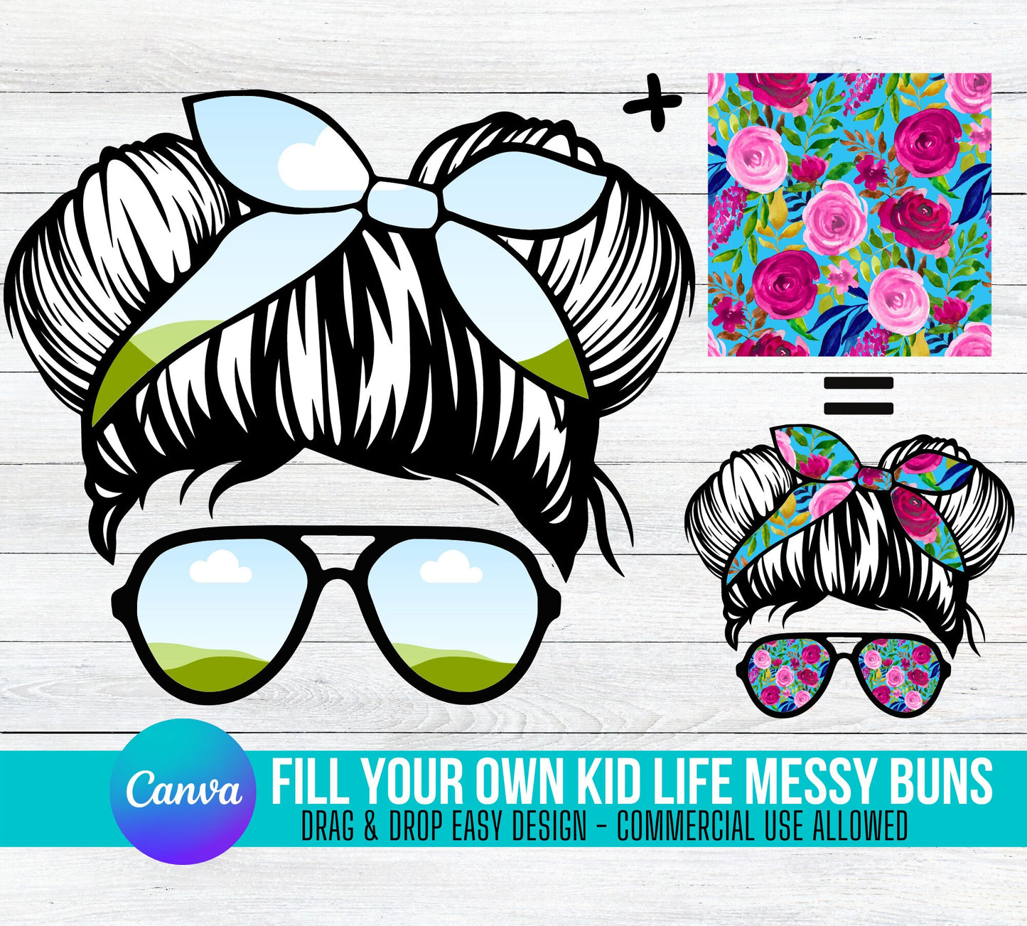 KID LIFE Messy Bun Add Your Own Photos & Background on CANVA Mom Life Messy Bun Drag and Drop Photo Editable Canva Frame Designs