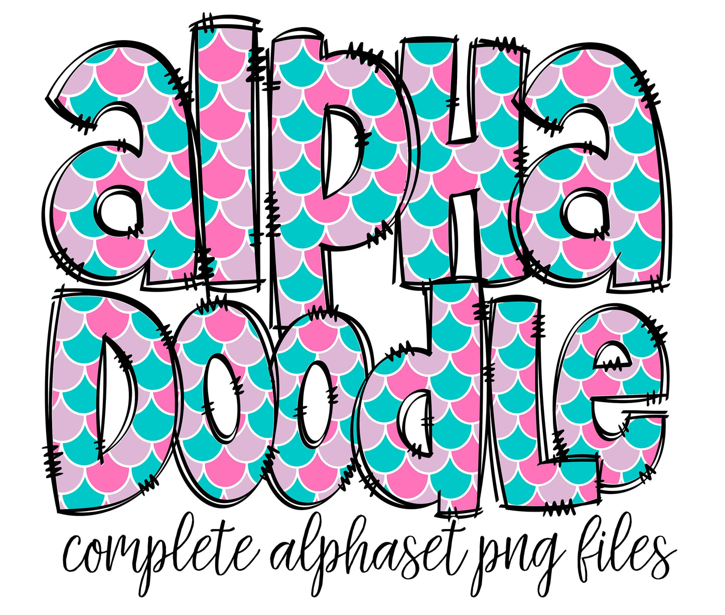 Mermaid Doodle letters, Hand Drawn Doodle Alpha Bundle Patterned Numbers & Alphabet Doodle Set Sublimation Font PNG