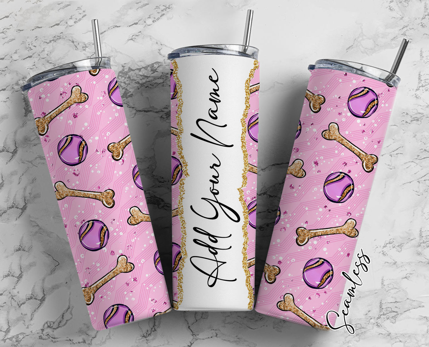 Glitter Bones And Tennis Ball Add Your Own Name, 20oz Sublimation Tumbler Designs, Skinny Tumbler Wraps Template - 227