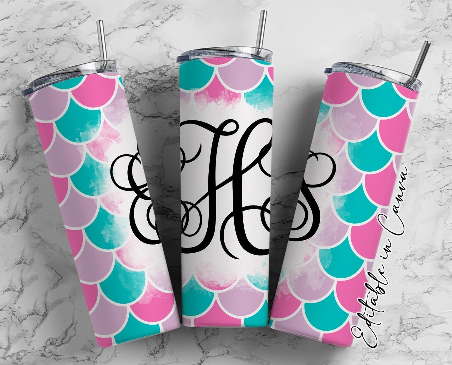 EDITABLE Mermaid Monogram 20oz Straight Tumbler Wrap Designs, Make Your Own Custom Peronalized Design, Easy Canva Tempalte