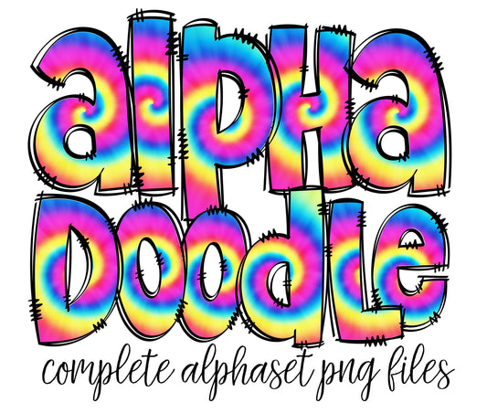 Rainbow Tie Dye Doodle letters, Hand Drawn Doodle Alpha Bundle Patterned Numbers & Alphabet Doodle Set Sublimation Font PNG