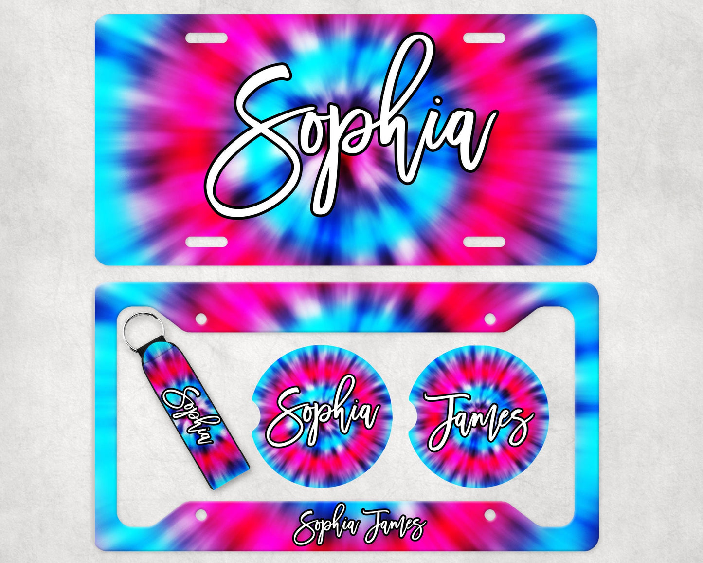 Tie Dye Add Your Name Car Sublimation Designs, Car Coaster Bundle PNG, Licence Plate Holder Frames, Key Fob Wristlet Keychain Pink & Blue