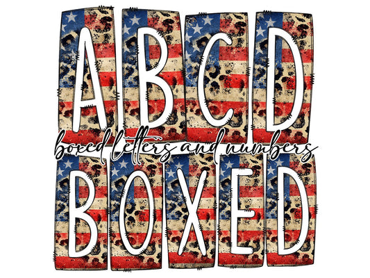 American Flag Leopard Print Rustic Box Doodle Letters, Western Hand Drawn Doodle Alphabet Set, Sublimation Designs PNG - 2 PATTERN