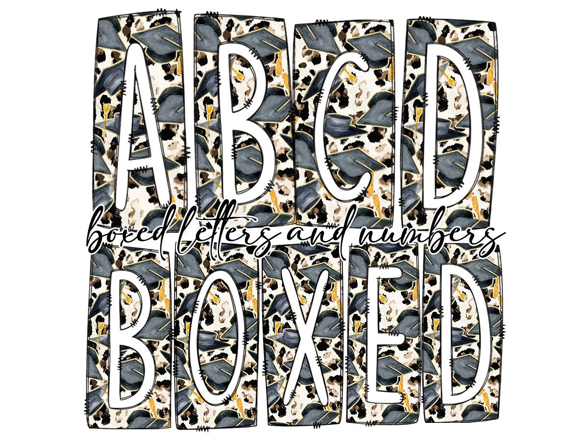 Graduation Leopard Box Doodle Letters, Western Hand Drawn Doodle Alphabet Set, Sublimation Designs PNG - 87 PATTERN