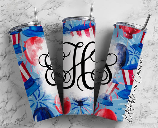 EDITABLE Patriotic Monogram 20oz Straight Tumbler Wrap Designs, Make Your Own Custom Peronalized Design, Easy Canva Tempalte