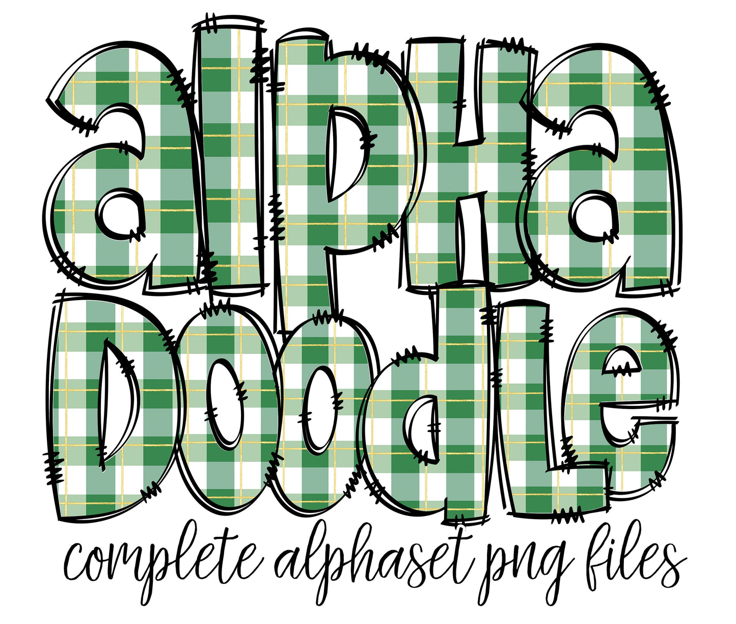 Gingham Green Doodle letters, Plaid Hand Drawn Doodle Alpha Bundle, Sublimation Font PNG, Patterned Numbers & Alphabet,