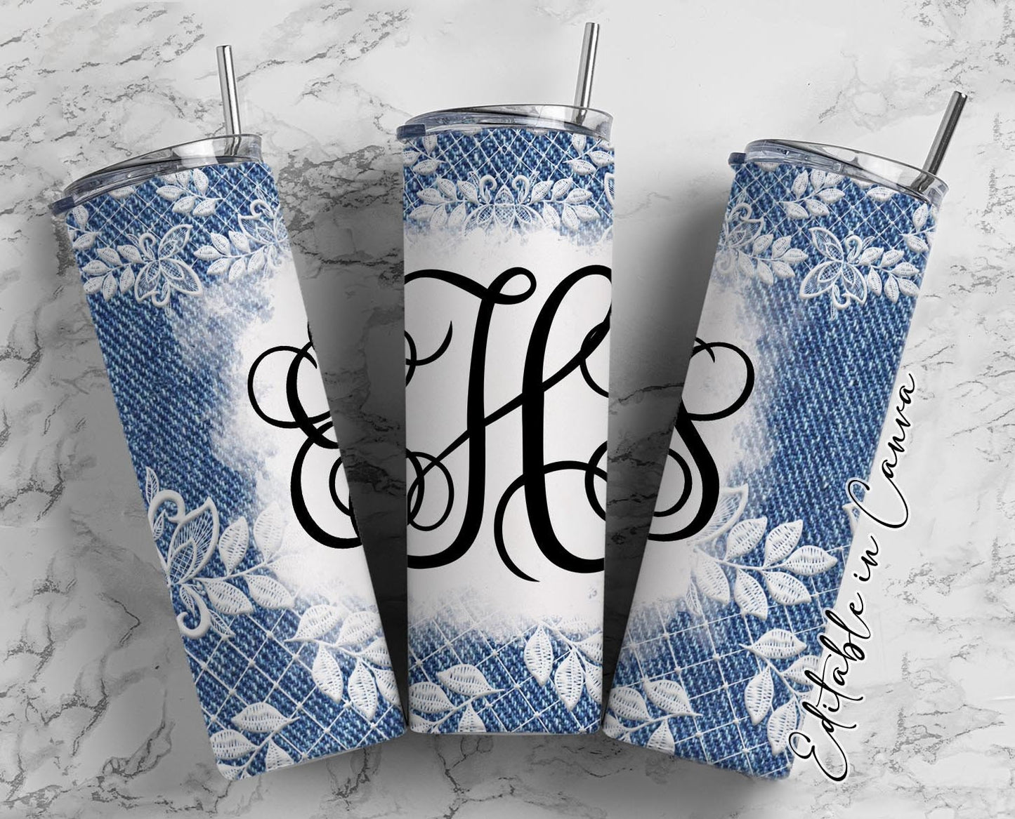 EDITABLE Denim Lace Monogram 20oz Straight Tumbler Wrap Designs, Make Your Own Custom Peronalized Design, Easy Canva Tempalte