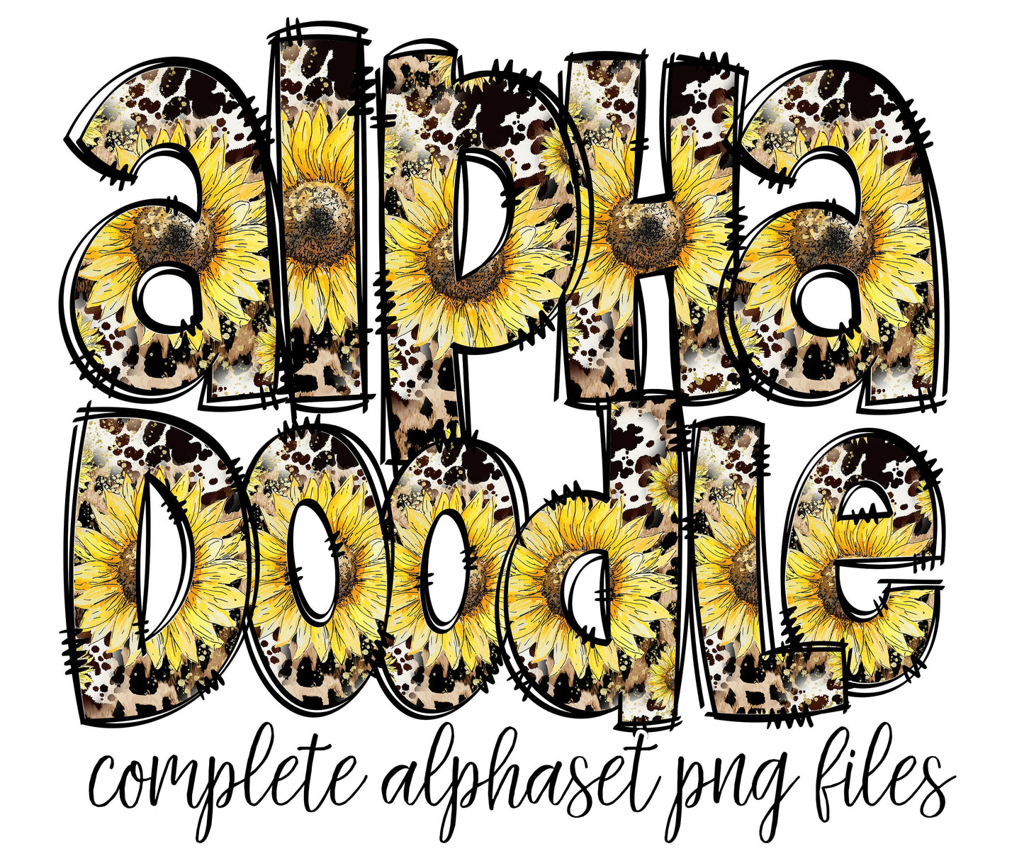 Sunflower Country Western Doodle letters, Hand Drawn Doodle Alpha Bundle, Sublimation Font PNG, Patterned Numbers & Alphabet,