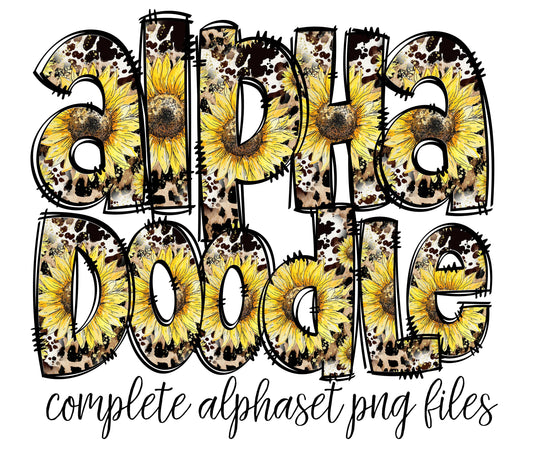 Sunflower Country Western Doodle letters, Hand Drawn Doodle Alpha Bundle, Sublimation Font PNG, Patterned Numbers & Alphabet,