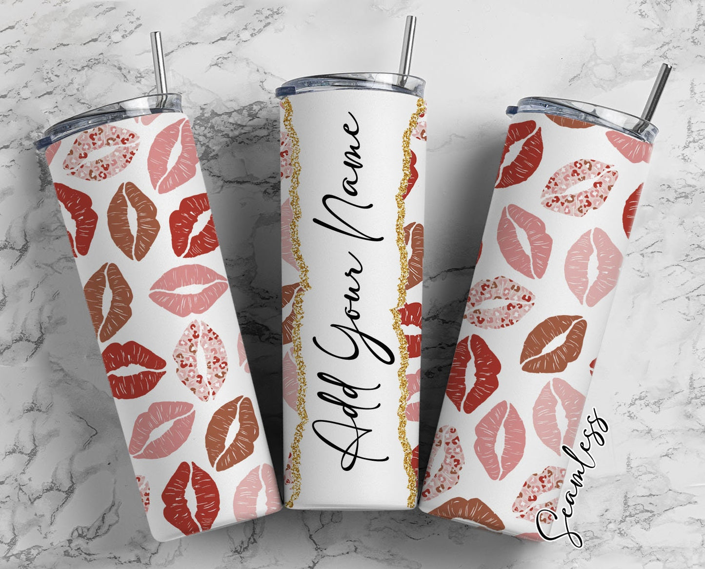 Lips Seamless, Lips Pattern, Kisses Design Add Your Own Name, 20oz Sublimation Tumbler Designs, Skinny Tumbler Wraps Template - 109 PATTERN