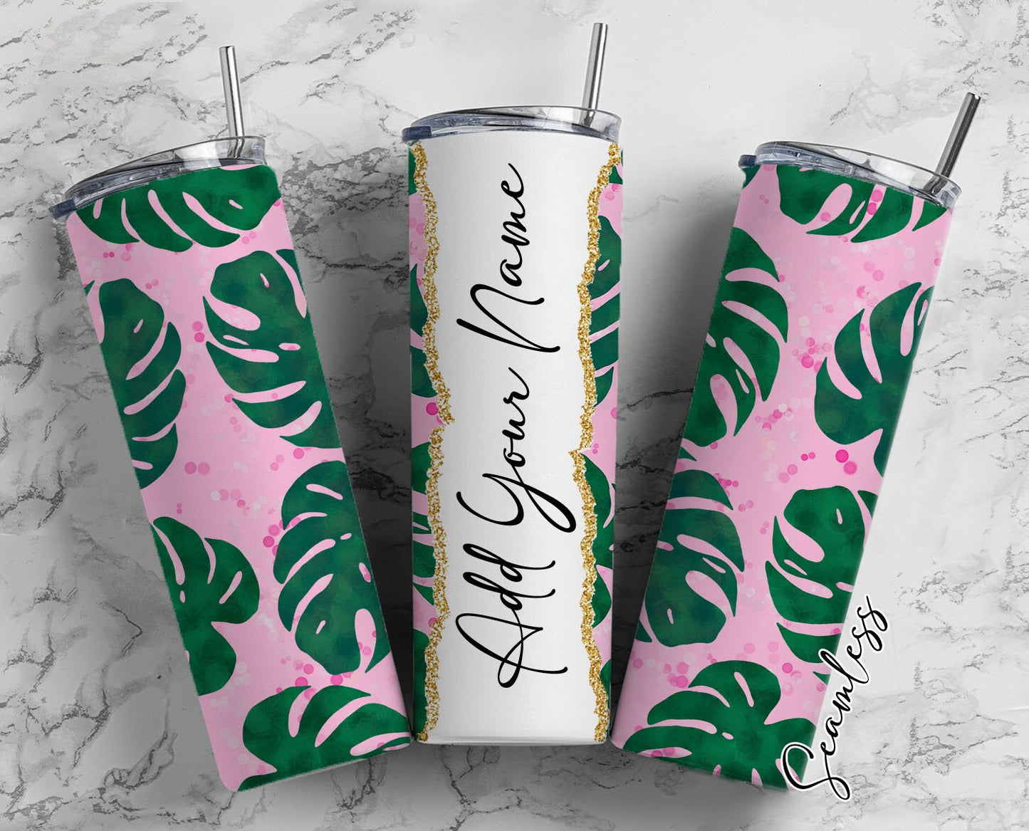 Monstera Leaves Add Your Own Name, 20oz Sublimation Tumbler Designs, Skinny Tumbler Wraps Template - 632 PATTERN