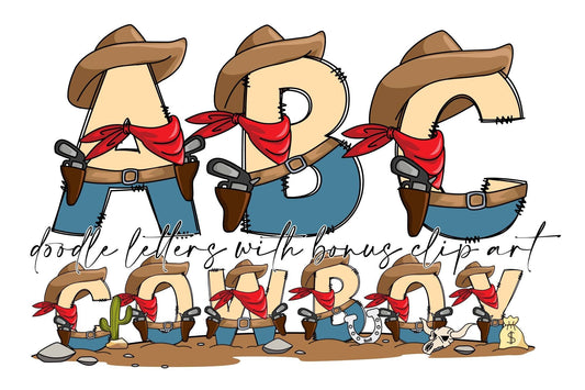 Cowboy Doodle letters with Clip Art PNG Files, Make your own Name, Doodle Alpha Bundle, Country Western Clipart Alphabet Doodle Set PNG