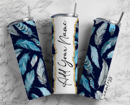 Blue Feathers Seamless Add Your Own Name, 20oz Sublimation Tumbler Designs, Skinny Tumbler Wraps Template - 277