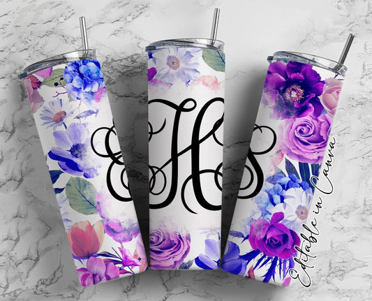 EDITABLE Flowers Monogram 20oz Straight Tumbler Wrap Designs, Make Your Own Custom Peronalized Design, Watercolor Floral Easy Canva Tempalte