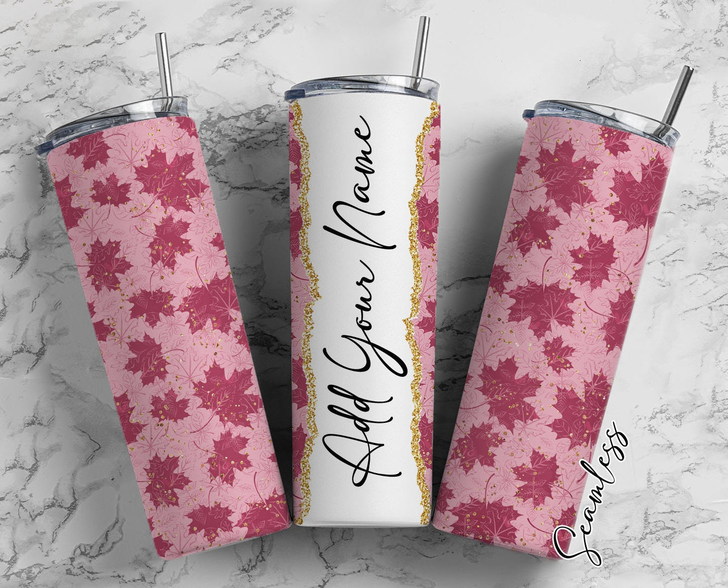 Autumn Leaves, Pink Autumn Leaf Add Your Own Name, 20oz Sublimation Tumbler Designs, Skinny Tumbler Wraps Template - 650