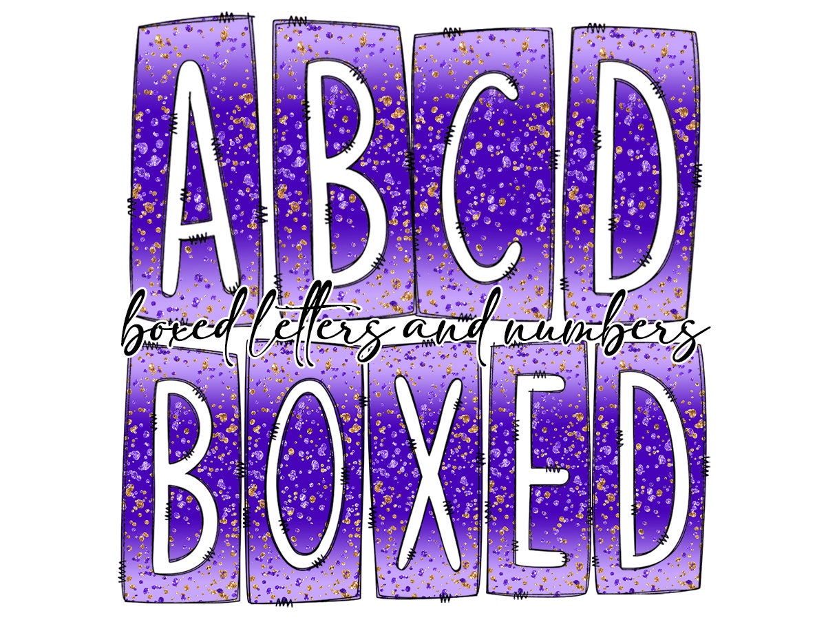 Purple Glitter Ombre Box Doodle Letters, Western Hand Drawn Doodle Alphabet Set, Sublimation Designs PNG - 1825