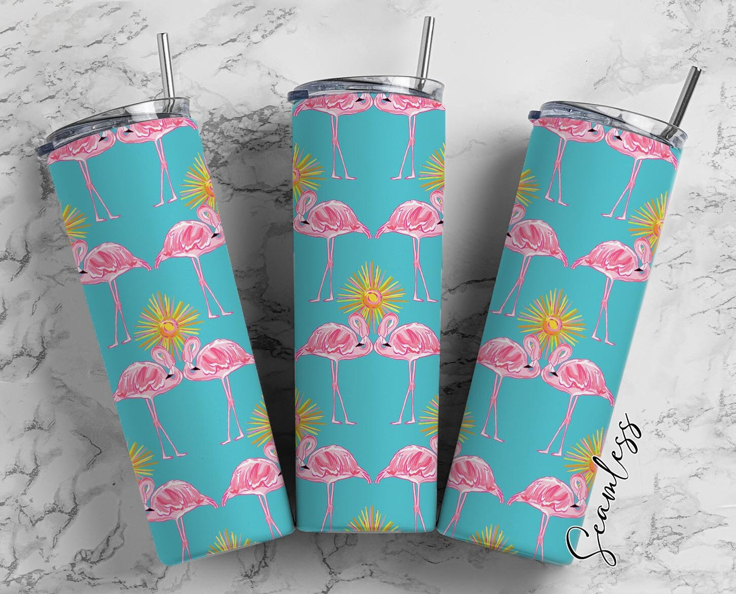 Pink Flamingo Pattern 20oz Tumbler Wrap, Seamless Skinny Tumbler, Sublimation Design PNG - 353