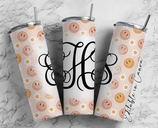 EDITABLE Retro Smile Monogram 20oz Straight Tumbler Wrap Designs, Make Your Own Custom Peronalized Design, Easy Canva Tempalte