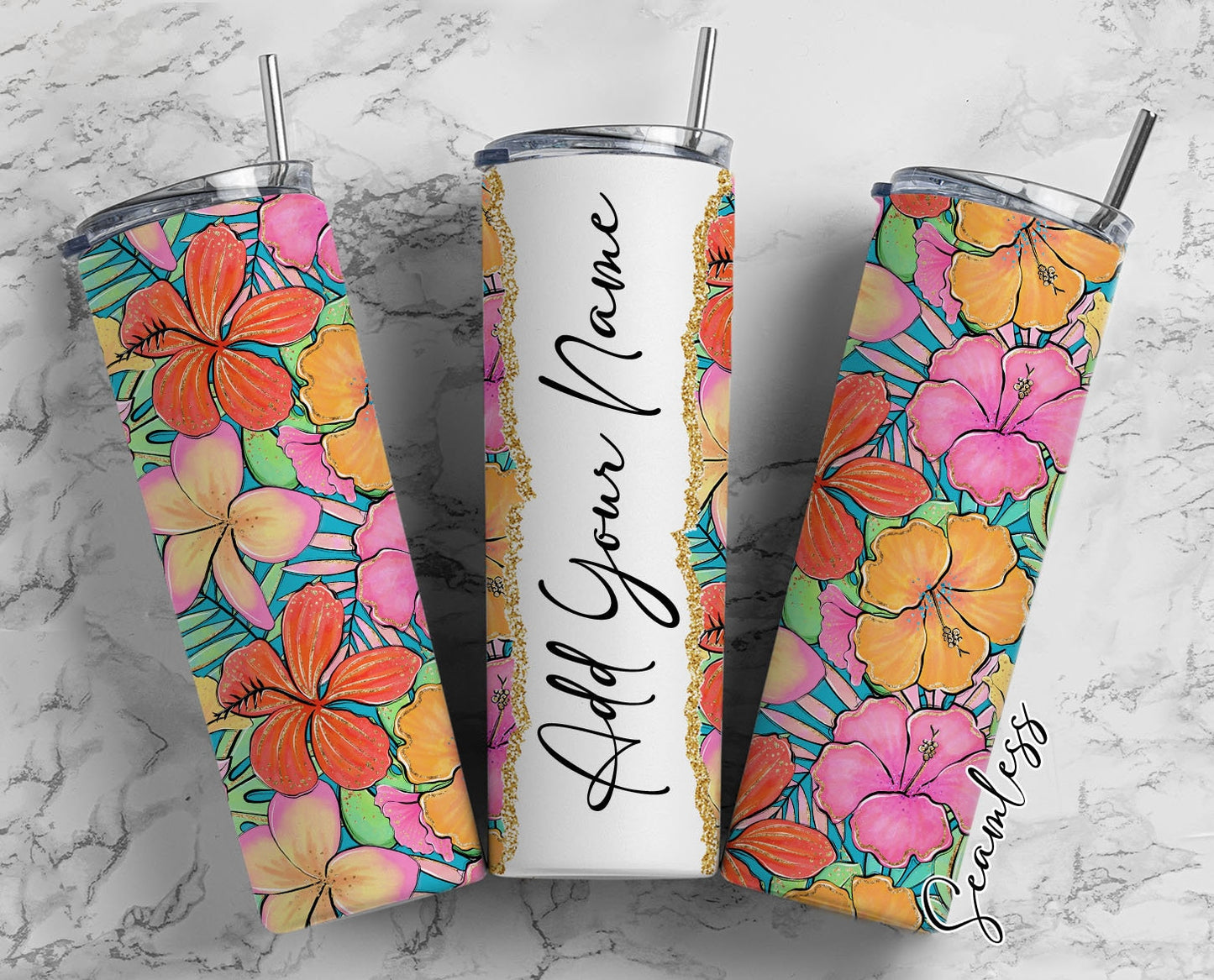 Watercolor Hibiscus Add Your Own Name, 20oz Sublimation Tumbler Designs, Skinny Tumbler Wraps Template - 698