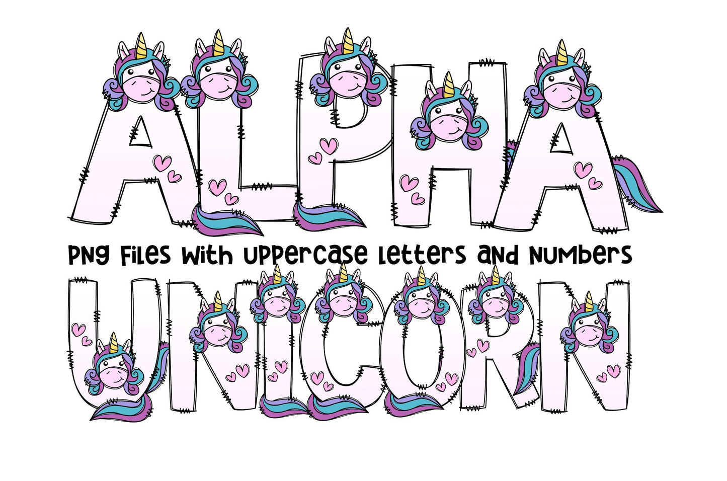 Unicorn Alphabet Letters PNG Bundle, Unicorn Doodle Letters, Hand Drawn Alphabet Doodle, Sublimation Little Girls Alpha Set Designs PNG