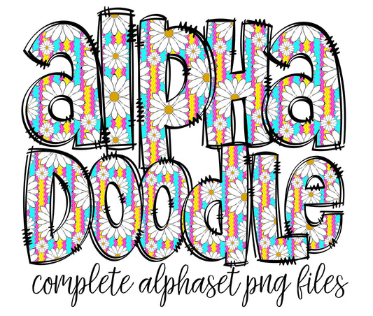 Groovy Daisy Flowers Doodle letters, Hand Drawn Doodle Alpha Bundle, Sublimation Font PNG, Patterned Numbers & Alphabet,