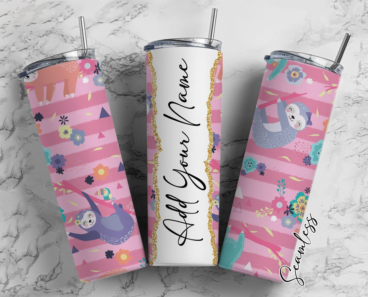 Pink Stripes, Sloth Design, Pink Background Add Your Own Name, 20oz Sublimation Tumbler Designs, Skinny Tumbler Wraps Template - 623 PATTERN