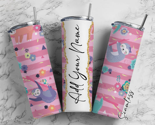 Pink Stripes, Sloth Design, Pink Background Add Your Own Name, 20oz Sublimation Tumbler Designs, Skinny Tumbler Wraps Template - 623 PATTERN