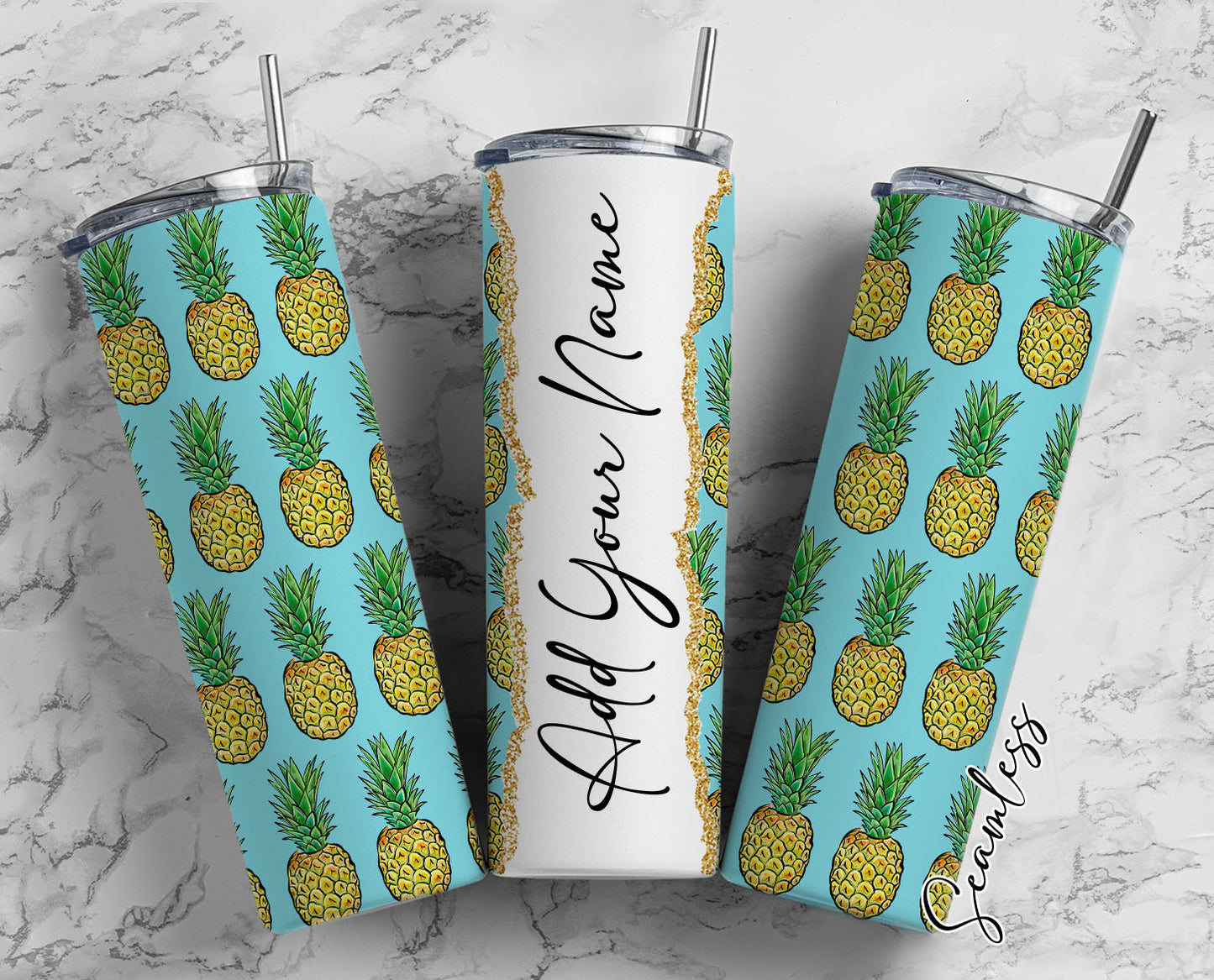 Pineapple Design, Pineapple Seamless, Pineapple Add Your Own Name, 20oz Sublimation Tumbler Designs, Skinny Tumbler Wraps Template - 1588