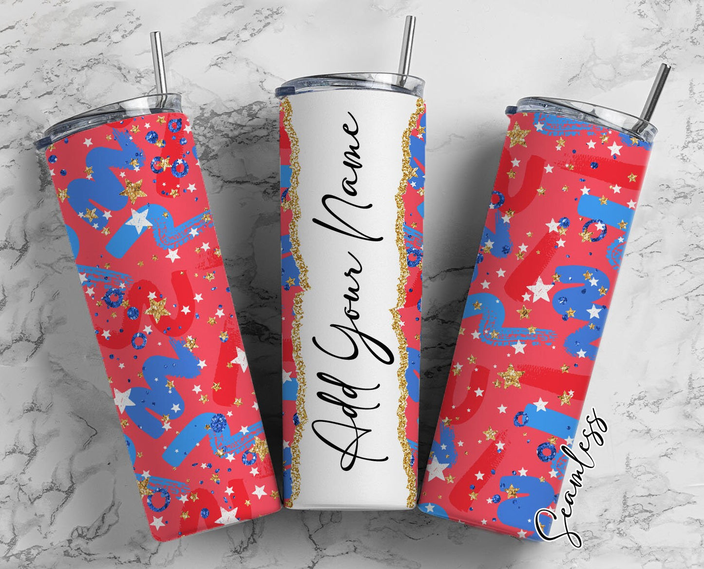 Red And Blue Background Add Your Own Name, 20oz Sublimation Tumbler Designs, Skinny Tumbler Wraps Template - 538