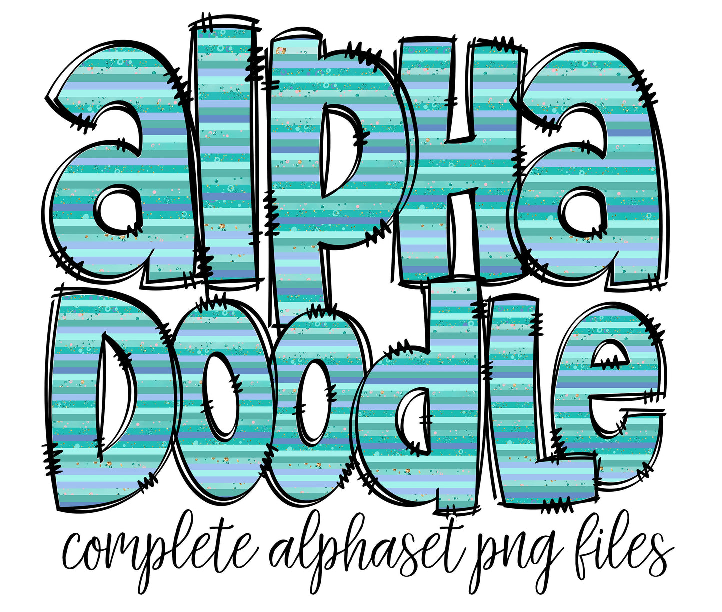 Blue Stripes Alphabet Letters PNG Bundle, Summer Mothers Day Flower Watercolor, Hand Drawn Doodle, Sublimation Alpha Set Designs PNG 1400