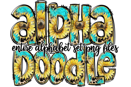 Turquoise Leopard Sunflower Doodle Alphabet Letters PNG Bundle, Floral Design Hand Drawn Doodle,Sublimation Alpha Set Designs PNG Digital