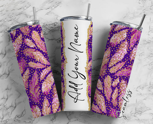 Feathers With Gold Glitters Add Your Own Name, 20oz Sublimation Tumbler Designs, Skinny Tumbler Wraps Template - 312