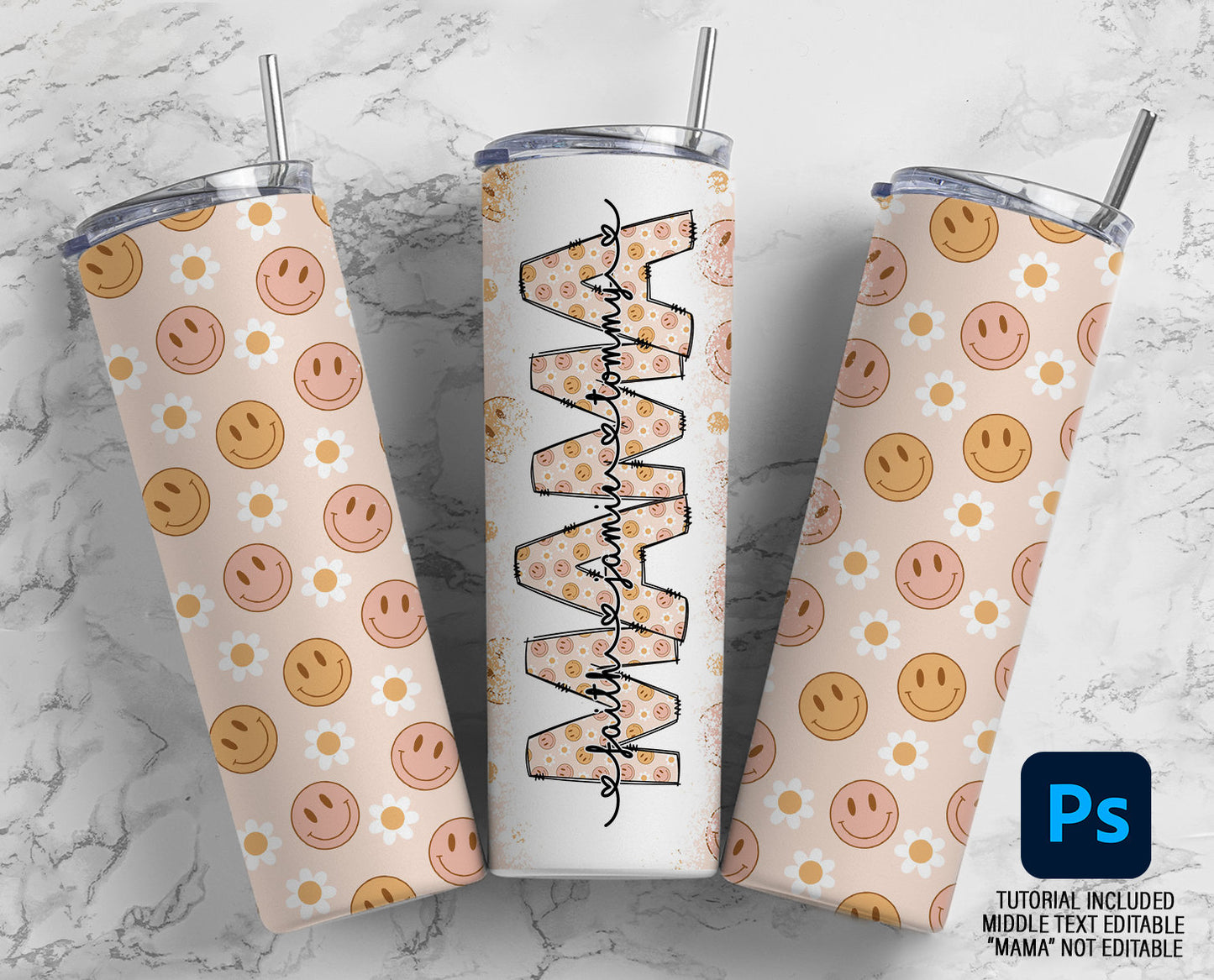 Retro Mama Editable Kids Names Mom Tumbler Wrap, Edit in Photoshop Tutorial Included, Mom Sublimation 20oz Tumbler Designs PNG