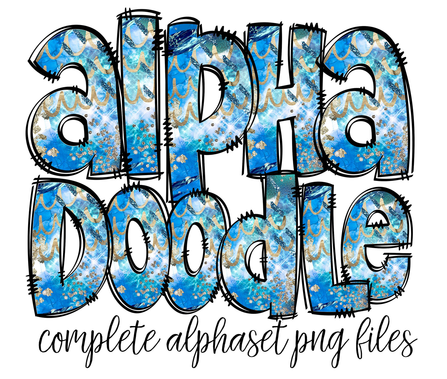 Gold Glitter Blue Alphabet Letters PNG Bundle, Abstract, Hand Drawn Doodle, Sublimation Alpha Set Designs PNG