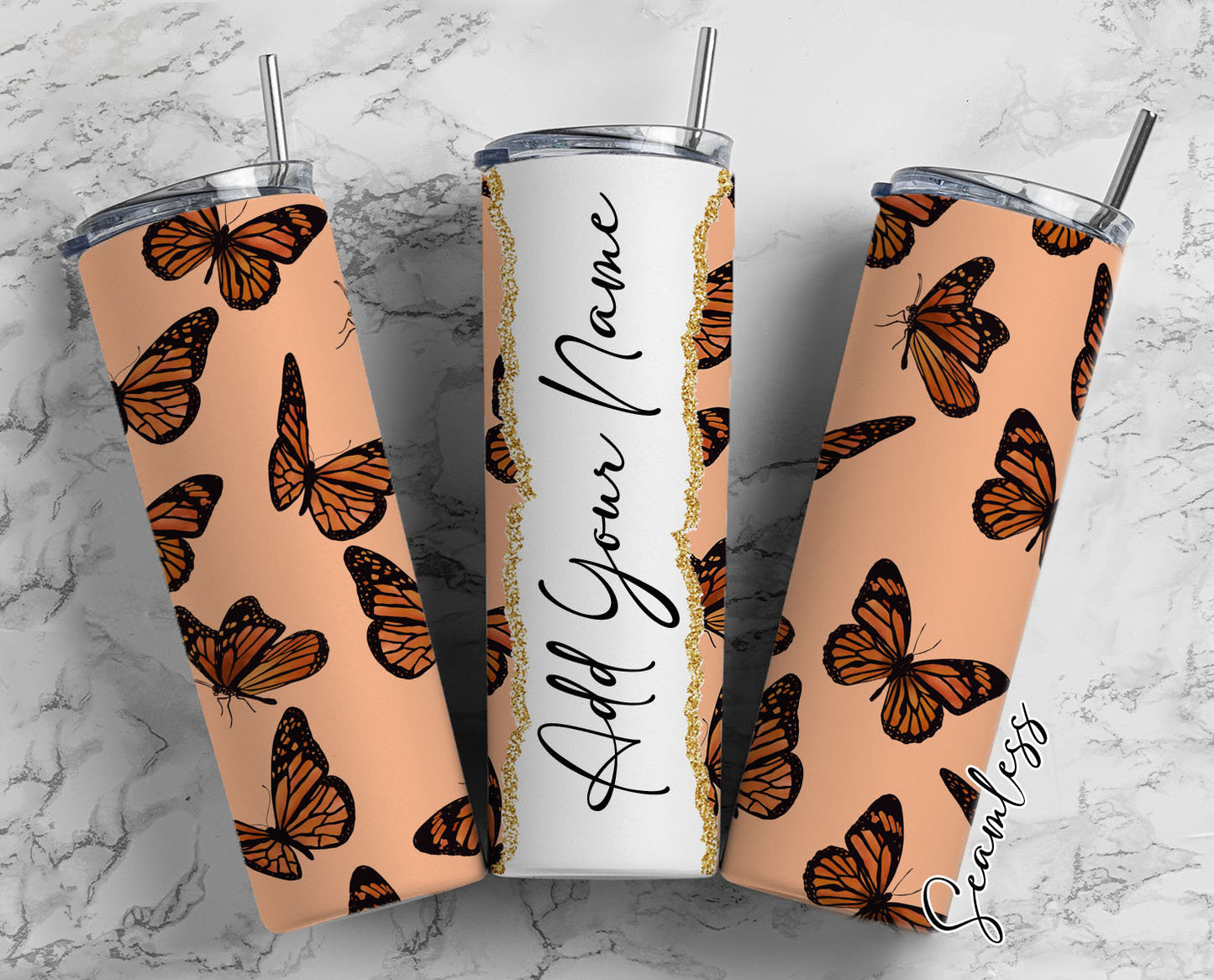 Butterfly Seamless Add Your Own Name, 20oz Sublimation Tumbler Designs, Skinny Tumbler Wraps Template - 620 PATTERN