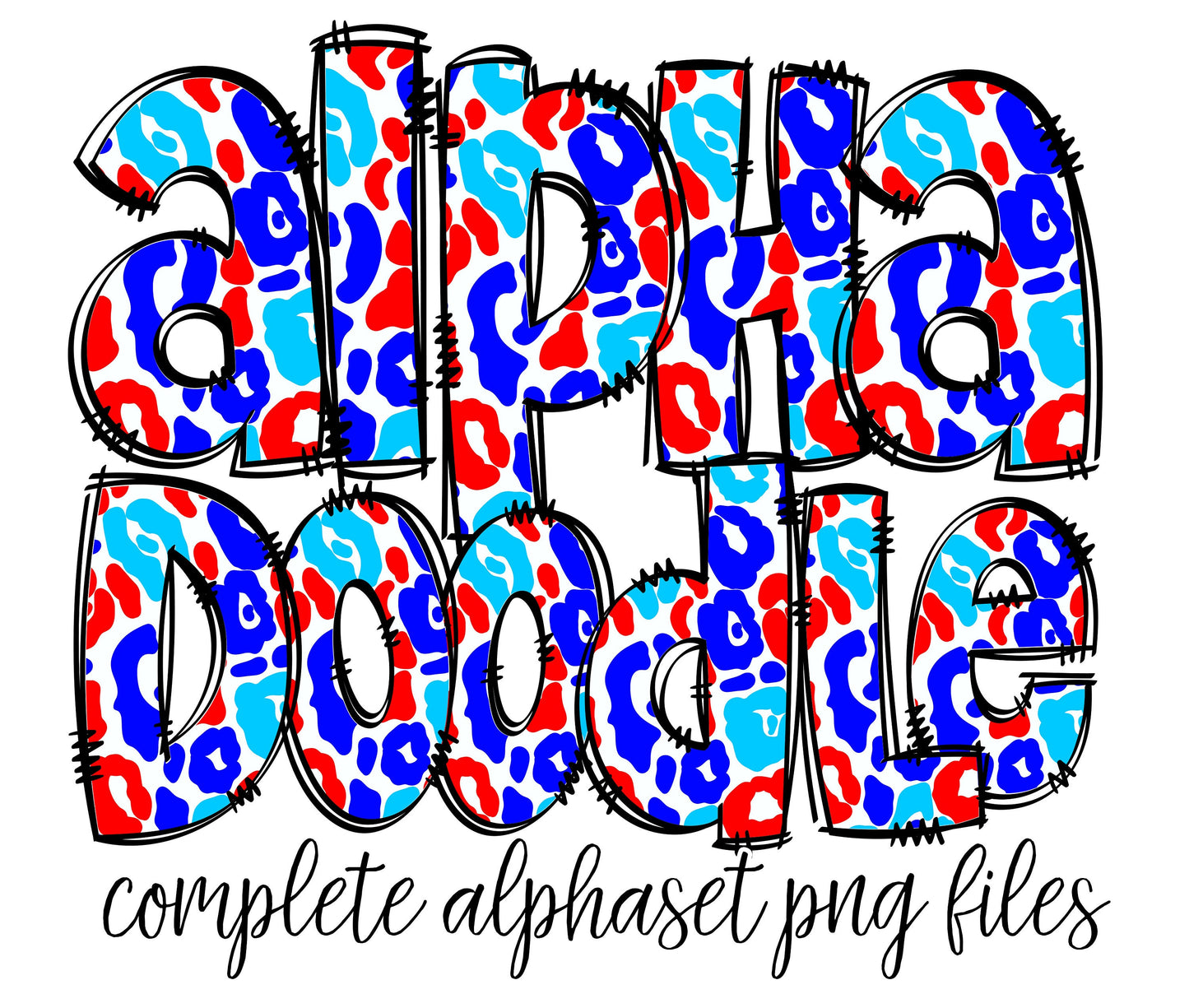 USA Leopard Doodle letters, Hand Drawn Doodle Alpha Bundle, Sublimation Font PNG, Patterned Numbers & Alphabet, Red White Blue 4th July Flag