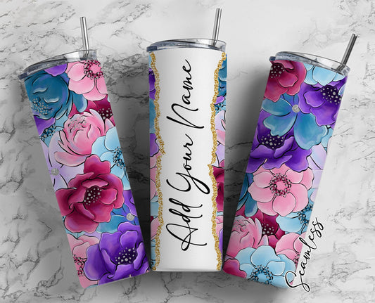 Big Flower Pattern, Watercolor Florals Add Your Own Name, 20oz Sublimation Tumbler Designs, Skinny Tumbler Wraps Template - 53