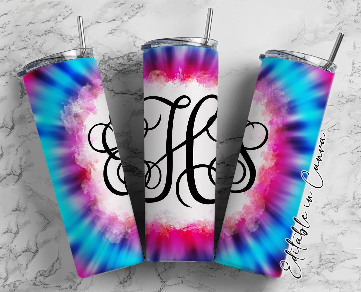 EDITABLE Pink Teal Tie Dye Monogram 20oz Straight Tumbler Wrap Designs, Make Your Own Custom Peronalized Design, Easy Canva Tempalte