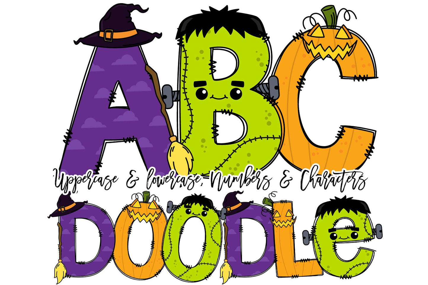 Halloween Doodle letters with Bonus Matching 20oz Tumbler Wraps, Pumpkin Doodle Alpha Bundle, Halloween Tumblers Alphabet Doodle Set PNG