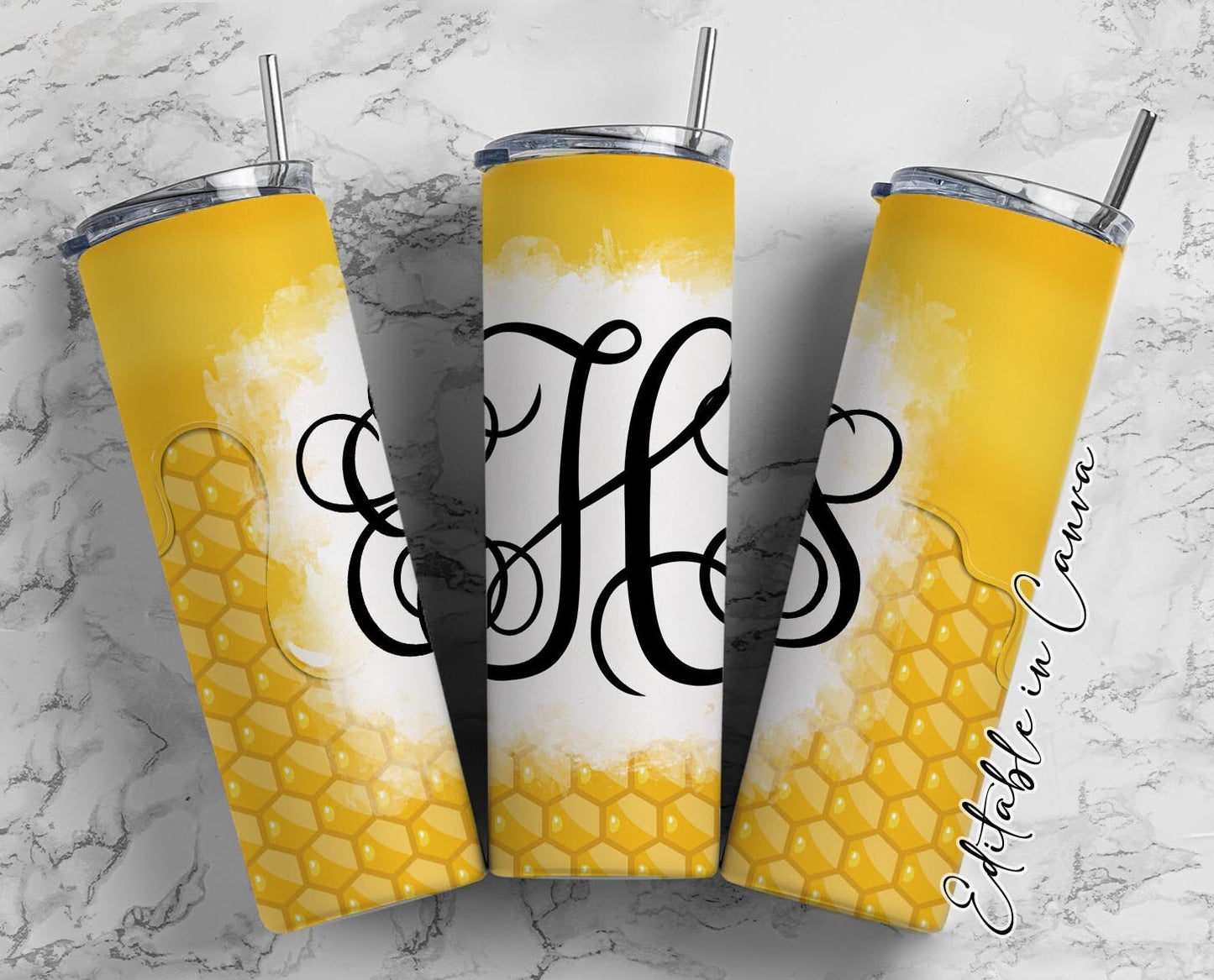 EDITABLE Bee Honeycomb Monogram 20oz Straight Tumbler Wrap Designs, Make Your Own Custom Peronalized Design, Easy Canva Tempalte