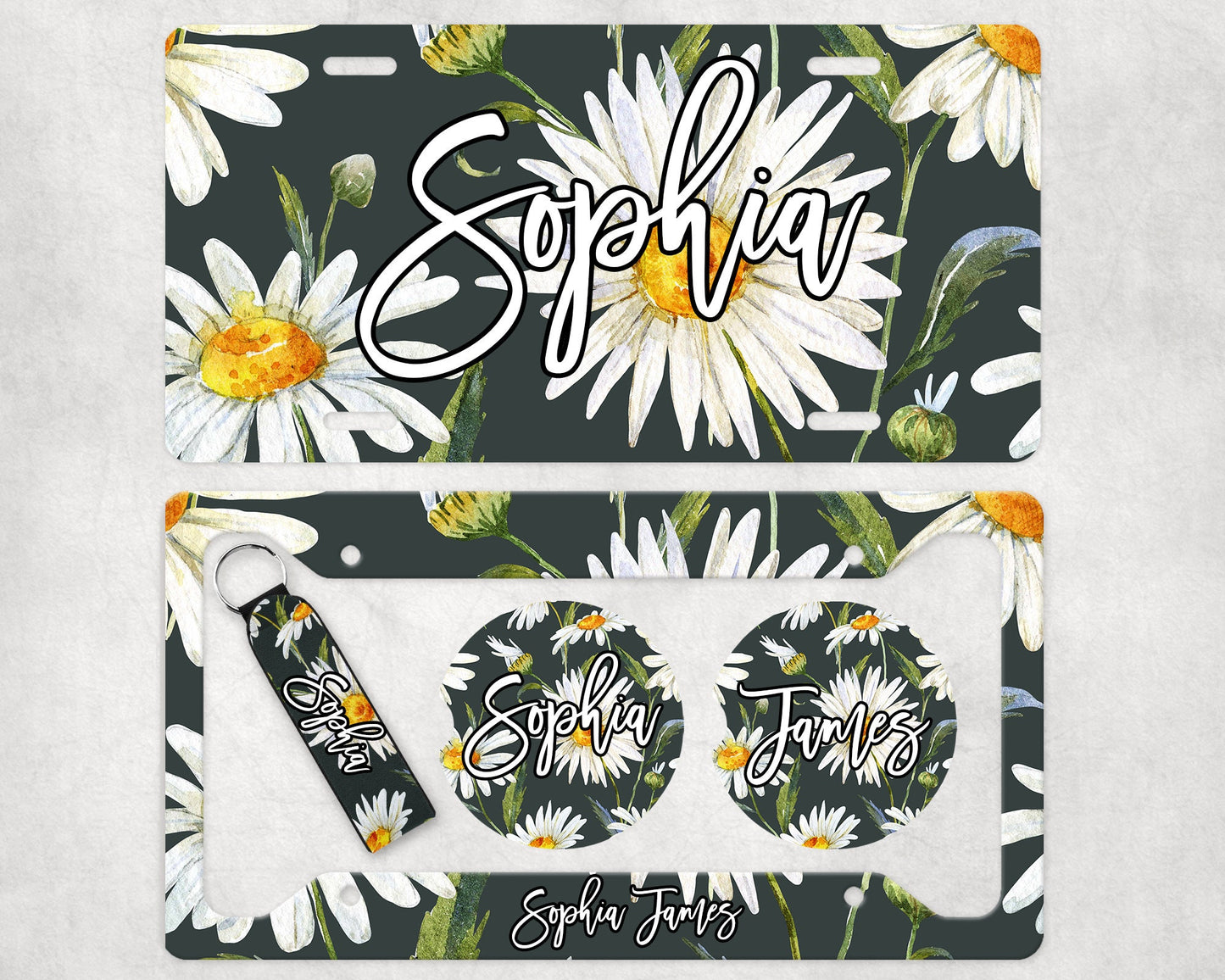 Flower Daisy Add Your Name Car Sublimation Designs, Car Coaster Bundle PNG, Licence Plate Holder Frames, Key Fob Wristlet Keychain