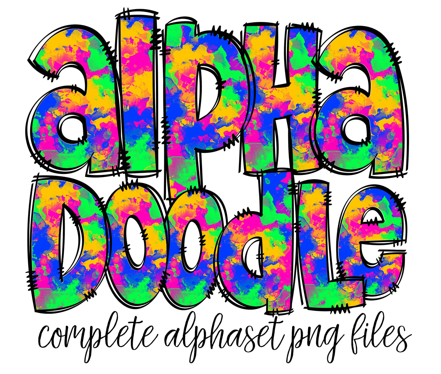 Bright Neon Rainbow Doodle letters, Hand Drawn Doodle Alpha Bundle, Sublimation Font PNG, Patterned Numbers & Alphabet, 64 PATTERN