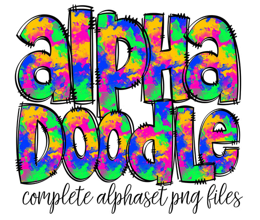 Bright Neon Rainbow Doodle letters, Hand Drawn Doodle Alpha Bundle, Sublimation Font PNG, Patterned Numbers & Alphabet, 64 PATTERN