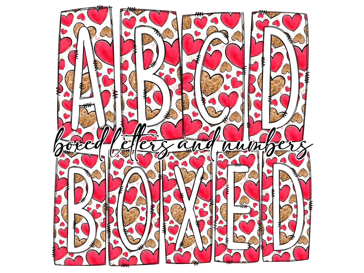 Gold Glitter Watercolor Heart Box Doodle Letters, Western Hand Drawn Doodle Alphabet Set, Sublimation Designs PNG - 1827