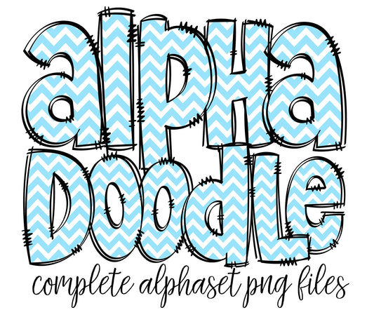 Baby Blue Chevron Doodle letters, Hand Drawn Doodle Alpha Bundle, Sublimation Font PNG, Patterned Numbers & Alphabet,