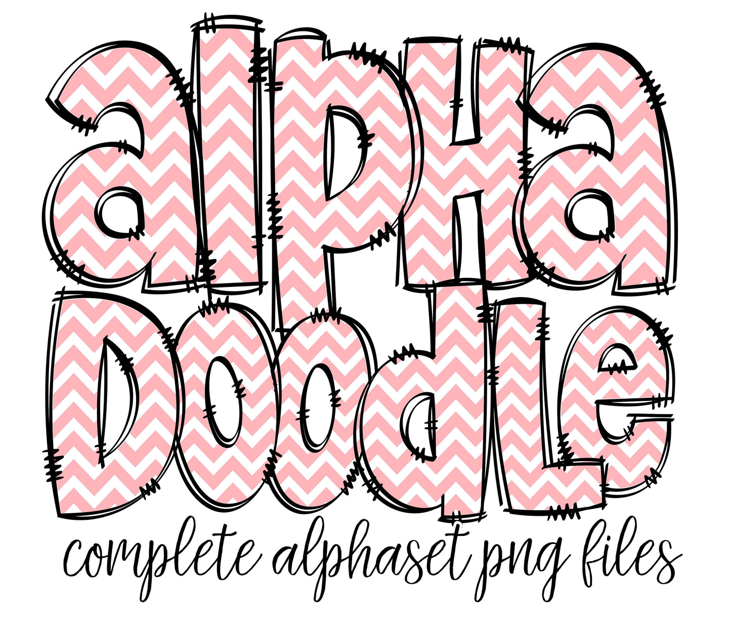 Baby Pink Chevron Doodle letters, Hand Drawn Doodle Alpha Bundle, Sublimation Font PNG, Patterned Numbers & Alphabet,