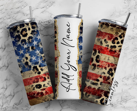 Leopard Print American Flag, US Flag Pattern, Add Your Own Name, 20oz Sublimation Tumbler Designs, Skinny Tumbler Wraps Template - 2 PATTERN