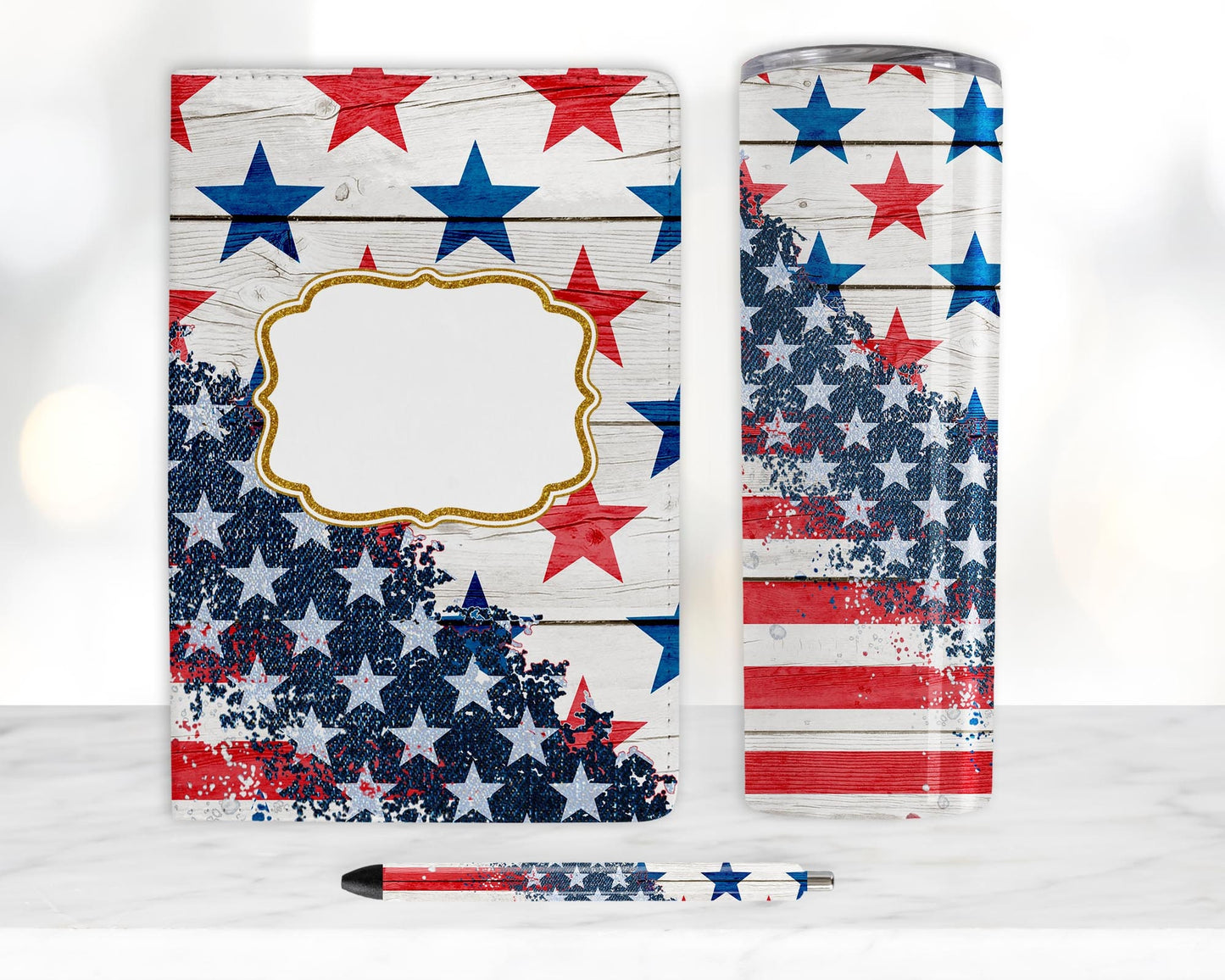 Patriotic 4th July Flag Sublimation Bundle, Journal Template, 20oz Tumbler Design, Pen Wrap Water Slide Epoxy Waterslide Pen Wrap PNG