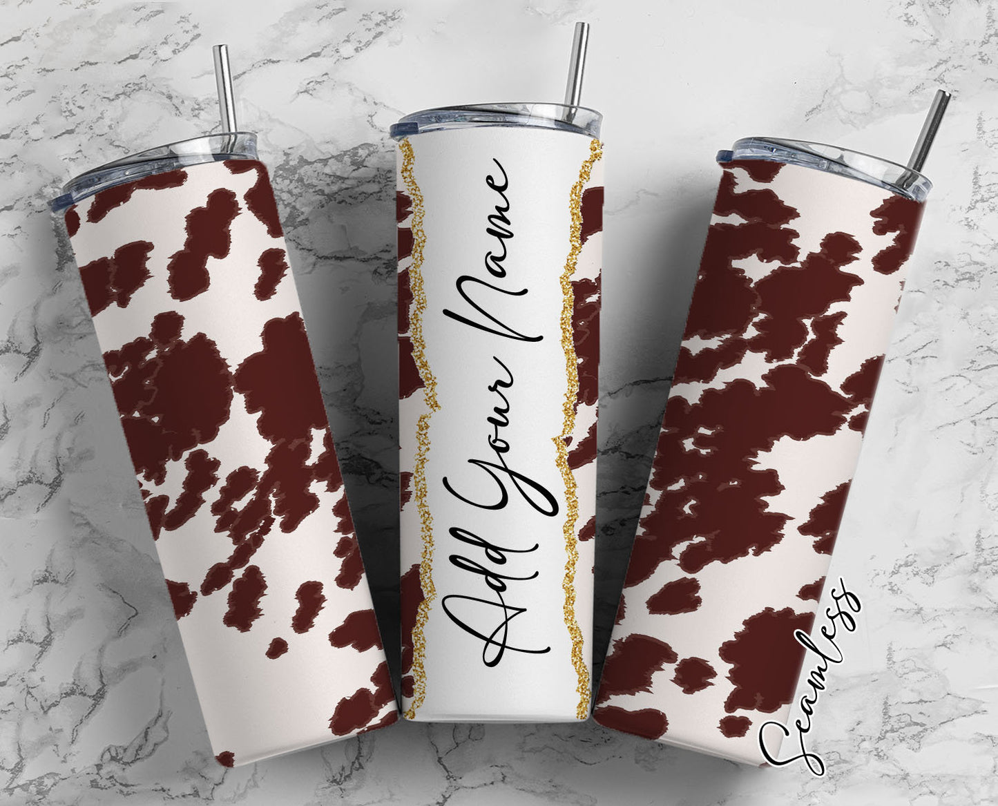 Cowhide Seamless Add Your Own Name, 20oz Sublimation Tumbler Designs, Skinny Tumbler Wraps Template - 4 PATTERN