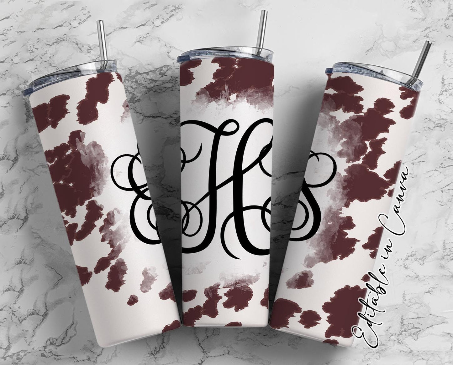 EDITABLE Cowhide Monogram 20oz Straight Tumbler Wrap Designs, Make Your Own Custom Peronalized Design, Western Brown Cow, Canva Tempalte